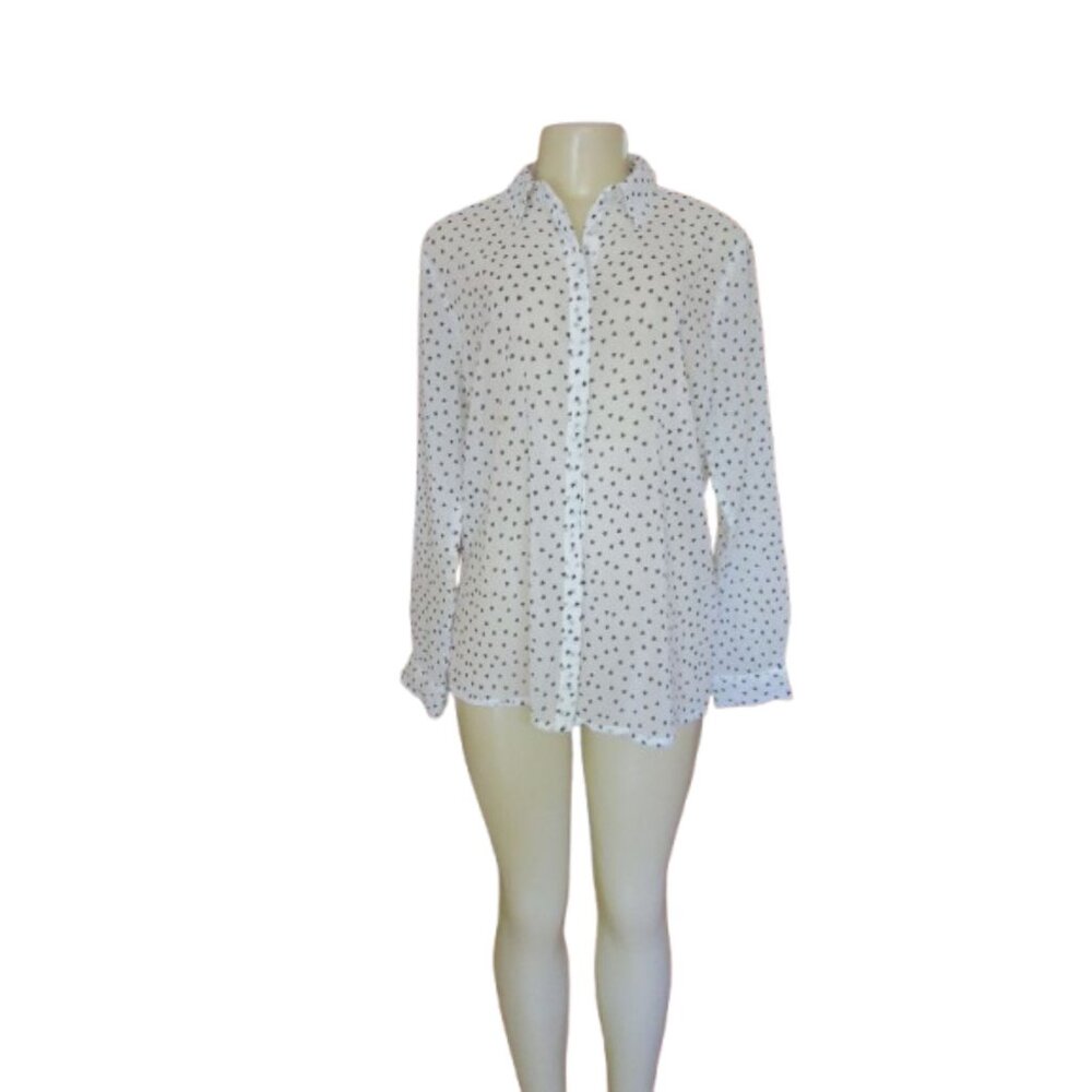 White Montego Size 14 Long Sleeve Button-Up Blouse With Black Heart Pattern